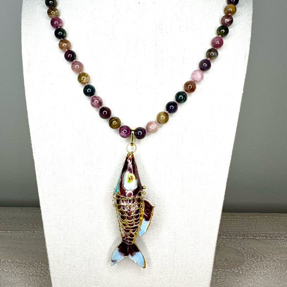 Beautiful AAA Tourmaline Beaded Necklace with Vintage Cloisonné Koi Fish